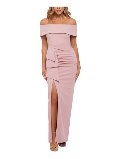 XSCAPE Womens Pink Stretch Ruched Zippered Thigh High Slit Lined Short Sleeve Off Shoulder Full-Length Evening Gown Dress 12