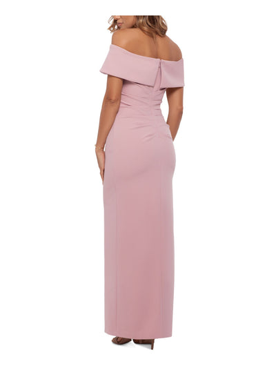 XSCAPE Womens Pink Stretch Ruched Zippered Thigh High Slit Lined Short Sleeve Off Shoulder Full-Length Evening Gown Dress 12