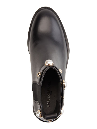 KARL LAGERFELD PARIS Womens Black Cushioned Embellished Pola Almond Toe Block Heel Slip On Leather Booties 11