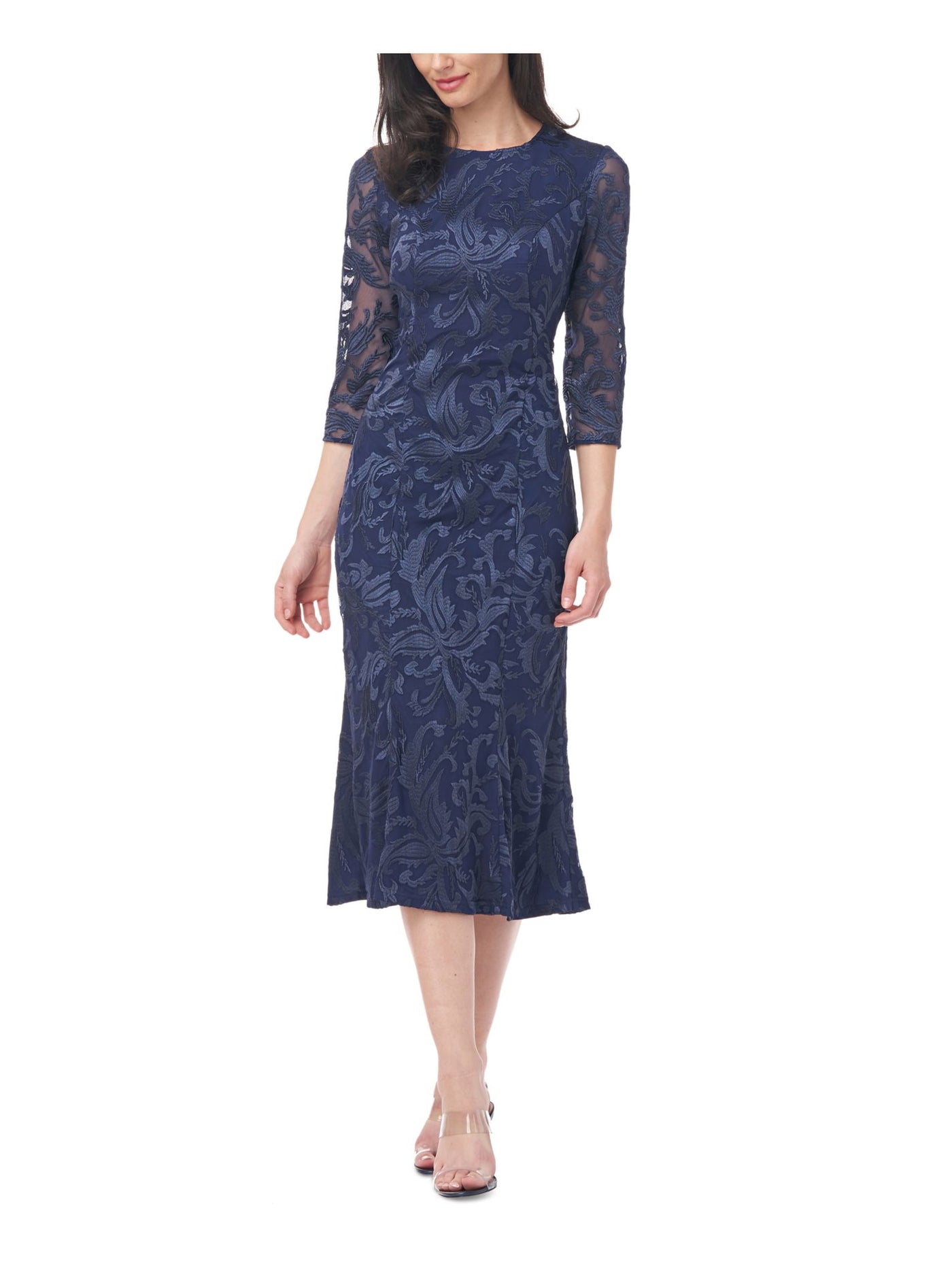 JS COLLECTIONS Womens Navy Zippered Sheer Embroidered Top Layer 3/4 Sleeve Round Neck Midi Evening Mermaid Dress 2