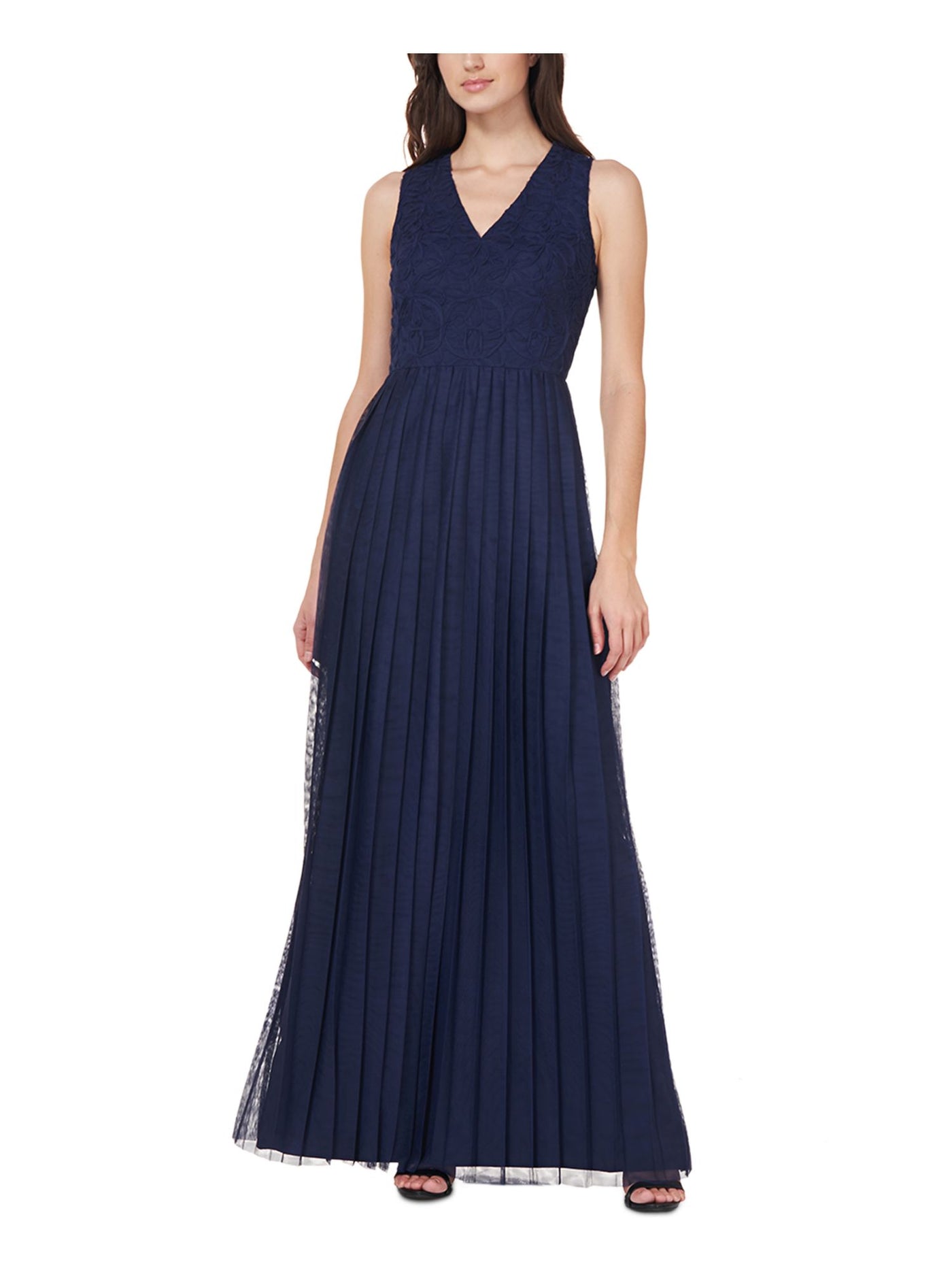 JS COLLECTION Womens Navy Zippered Pleated Sheer Lined Embellished Sleeveless V Neck Full-Length Formal Gown Dress 2