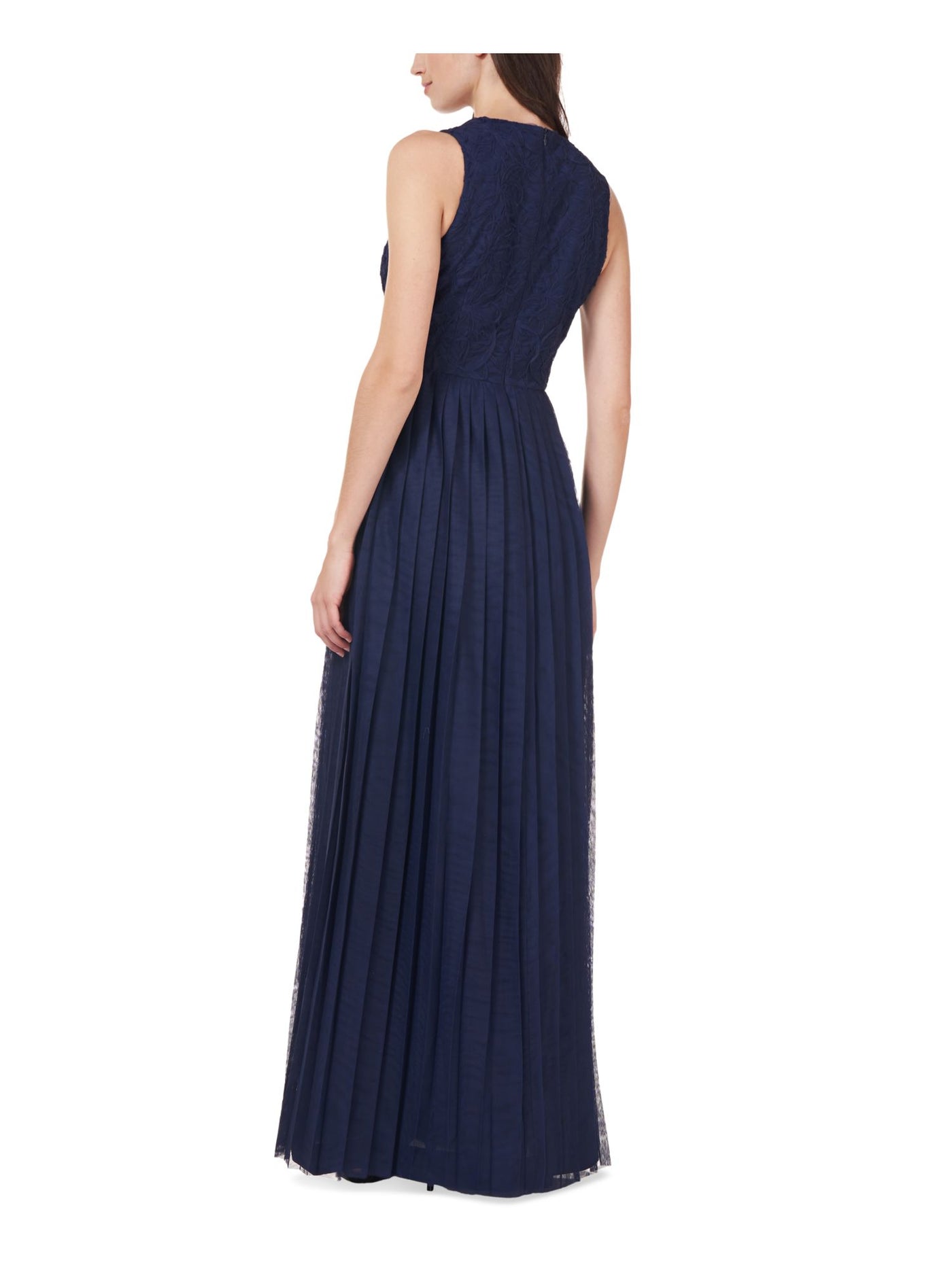 JS COLLECTION Womens Navy Zippered Pleated Sheer Lined Embellished Sleeveless V Neck Full-Length Formal Gown Dress 2