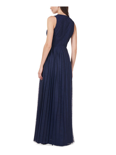 JS COLLECTION Womens Navy Zippered Pleated Sheer Lined Embellished Sleeveless V Neck Full-Length Formal Gown Dress 12