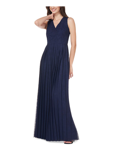 JS COLLECTION Womens Navy Zippered Pleated Sheer Lined Embellished Sleeveless V Neck Full-Length Formal Gown Dress 6