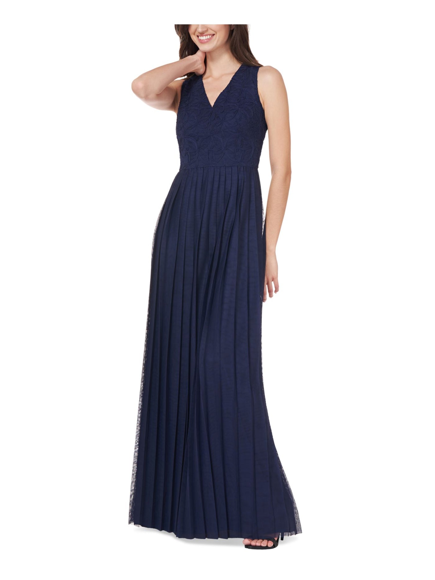 JS COLLECTION Womens Navy Zippered Pleated Sheer Lined Embellished Sleeveless V Neck Full-Length Formal Gown Dress 16