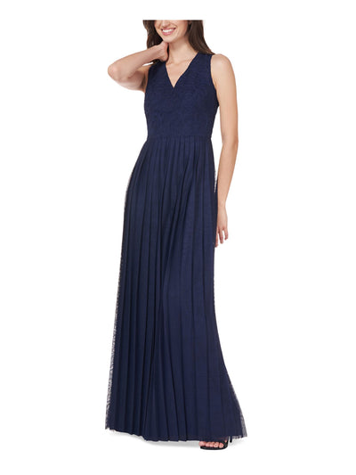 JS COLLECTION Womens Navy Zippered Pleated Sheer Lined Embellished Sleeveless V Neck Full-Length Formal Gown Dress 12