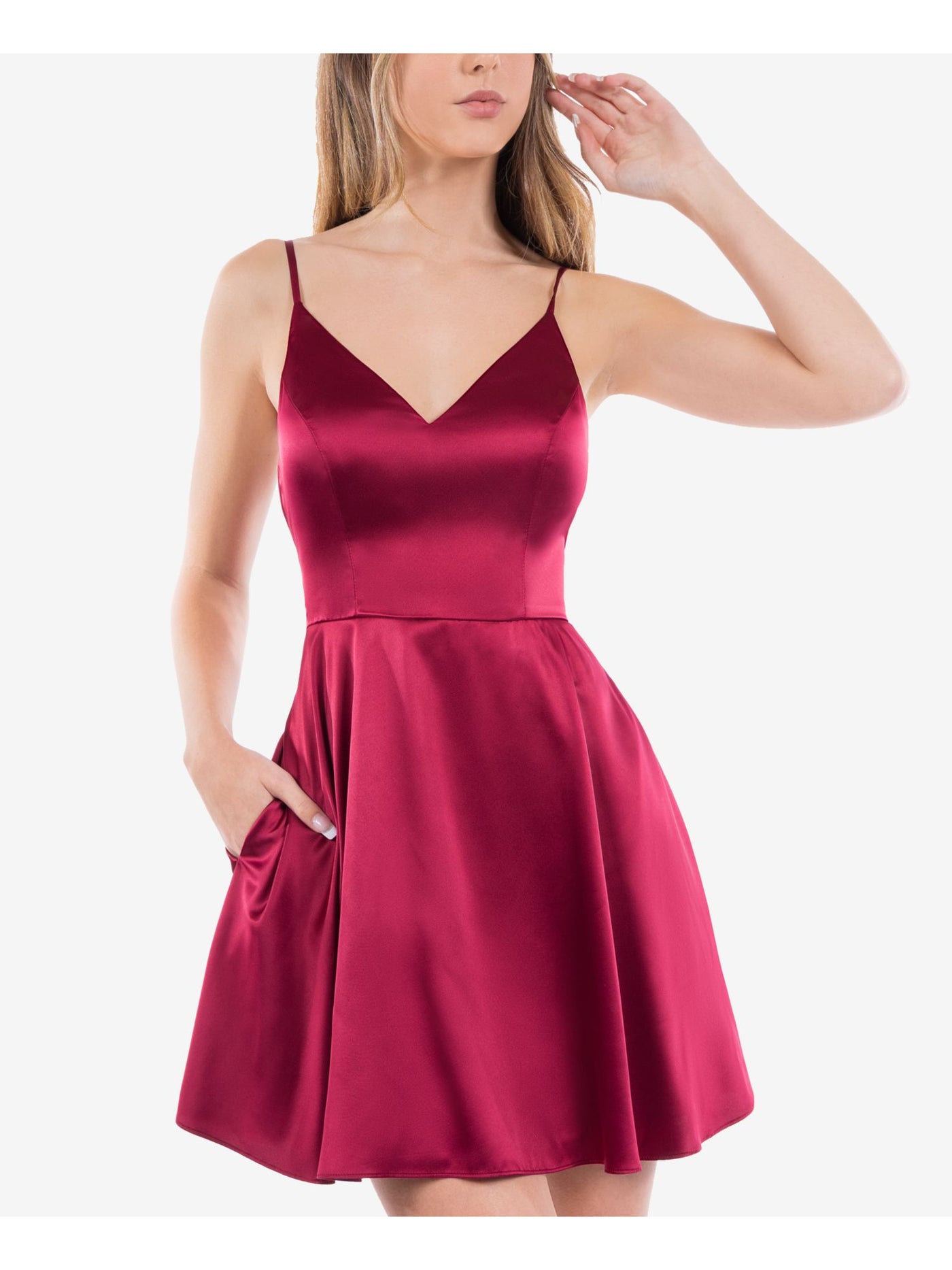 B DARLIN Womens Maroon Zippered Adjustable Padded Cups Pocketed Lined Spaghetti Strap V Neck Short Party Fit + Flare Dress Juniors 11\12