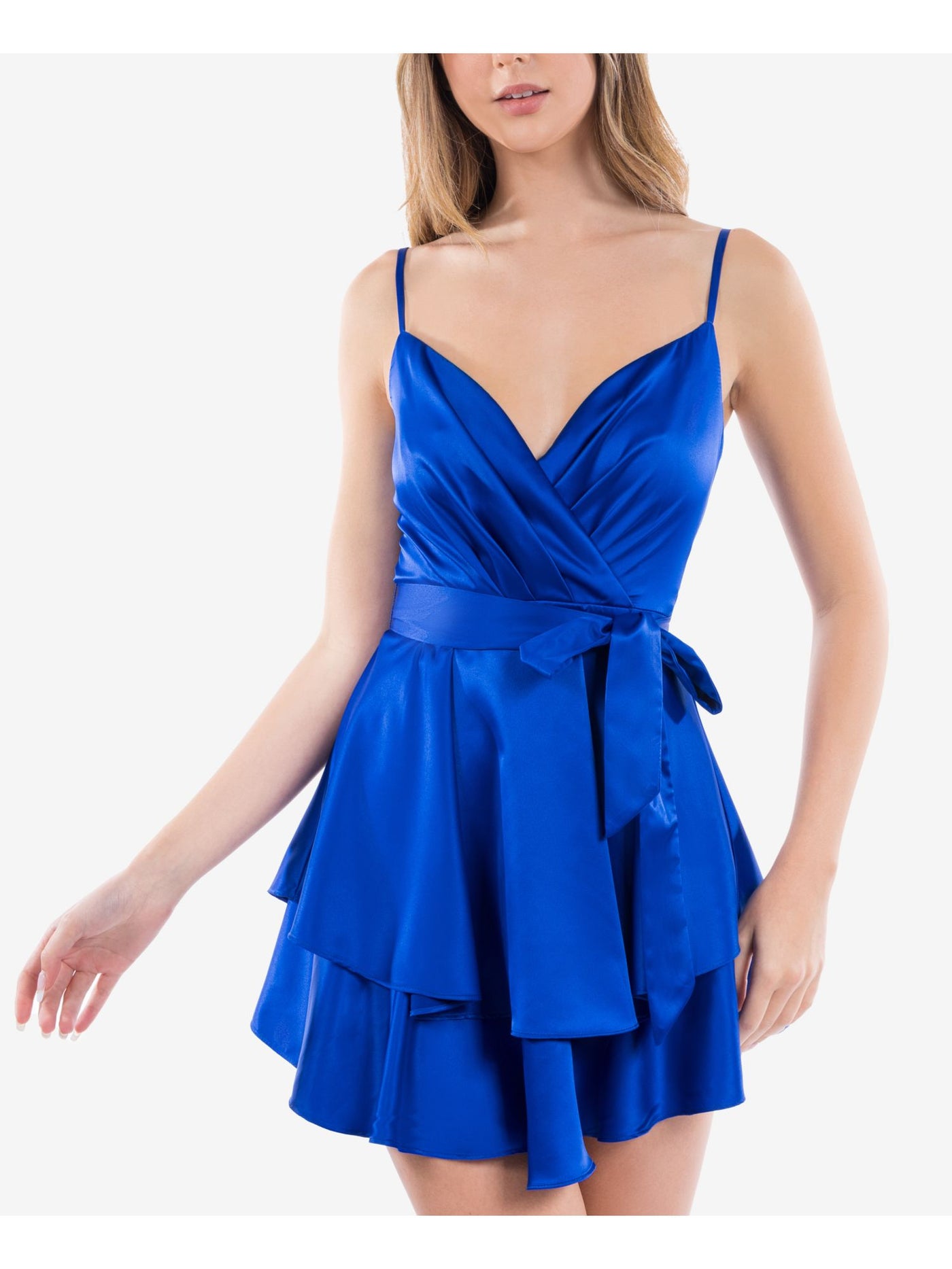 B DARLIN Womens Blue Pleated Zippered Layered Tie Sash Spaghetti Strap Surplice Neckline Mini Party Fit + Flare Dress 7\8