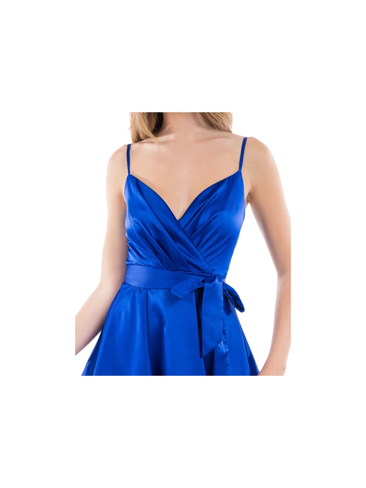 B DARLIN Womens Blue Pleated Zippered Layered Tie Sash Spaghetti Strap Surplice Neckline Mini Party Fit + Flare Dress 15\16