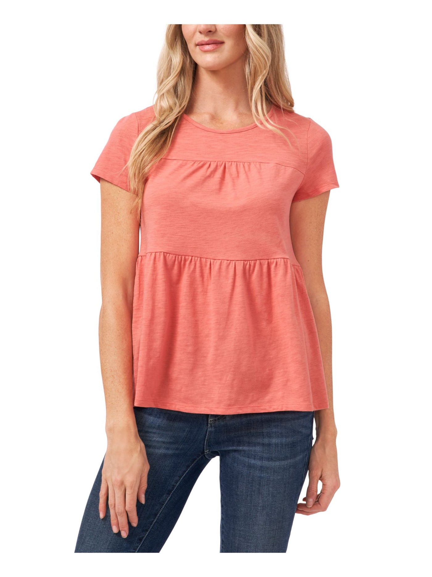 CECE Womens Coral Cotton Blend Short Sleeve Crew Neck T-Shirt S