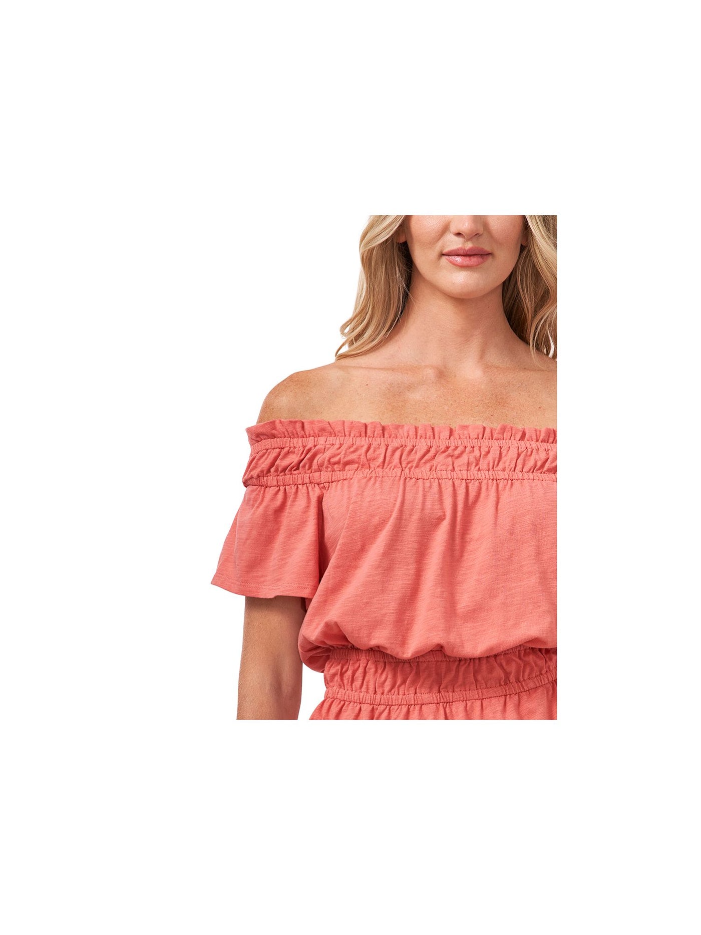 CECE Womens Coral Stretch Ruffled Elastic Waist And Neck Off Shoulder Peplum Top S