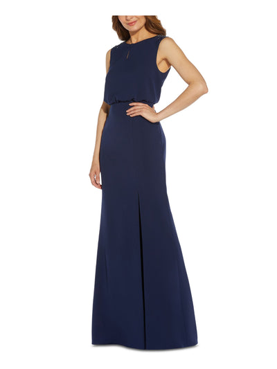 ADRIANNA PAPELL Womens Navy Stretch Embellished Slitted Keyhole Zippered Lined Sleeveless Boat Neck Maxi Formal Blouson Dress 14