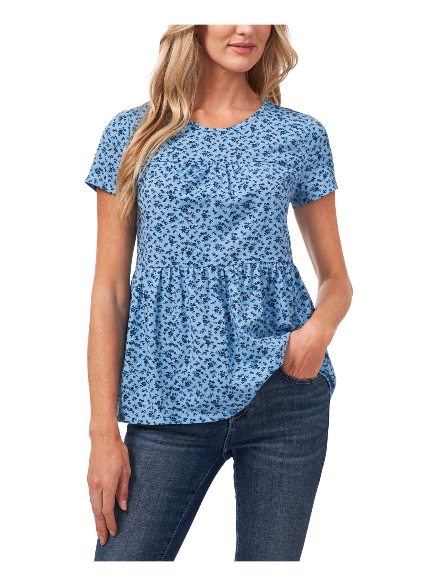 CECE Womens Blue Floral Short Sleeve Crew Neck Sweater S