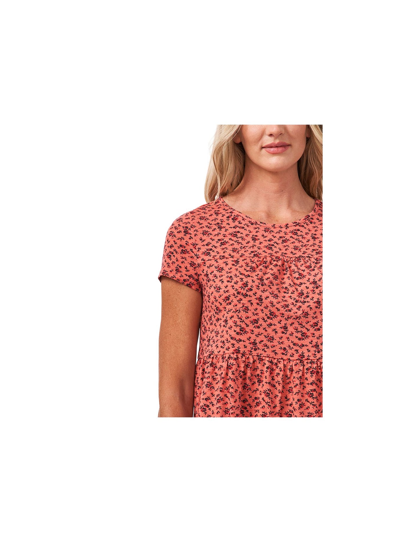 CECE Womens Coral Cotton Blend Floral Crew Neck Top S