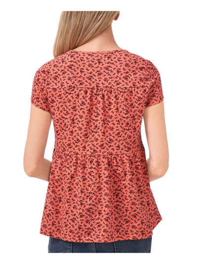 CECE Womens Coral Cotton Blend Floral Crew Neck Top S