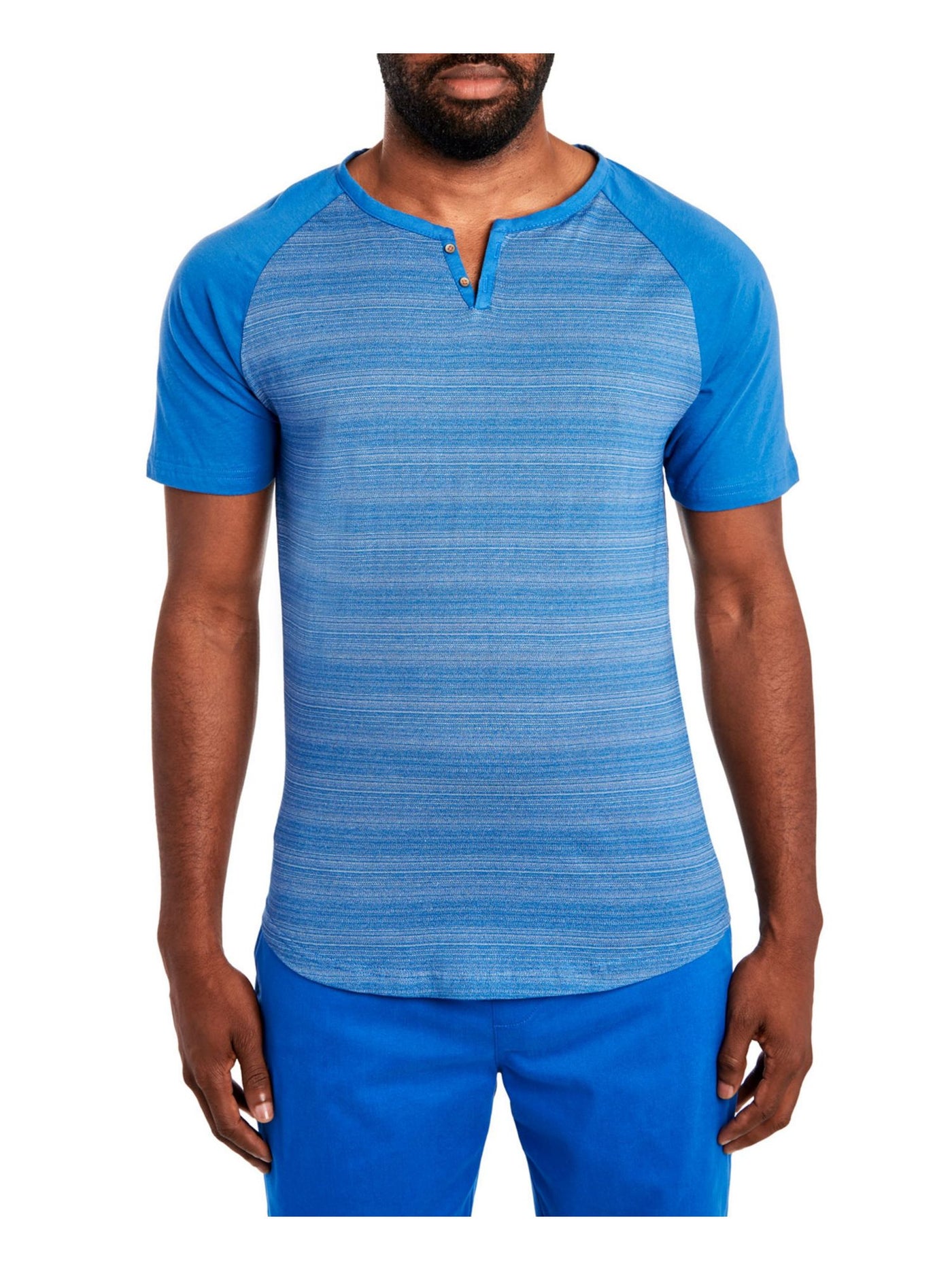 TALLIA SPORT Mens Blue Lightweight, Striped Short Sleeve Crew Neck Slim Fit Stretch Henley Shirt S