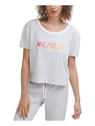 TOMMY HILFIGER Womens Gray Cut Out Short Length Ribbed Collar Breathable Logo Graphic Short Sleeve Scoop Neck T-Shirt XS