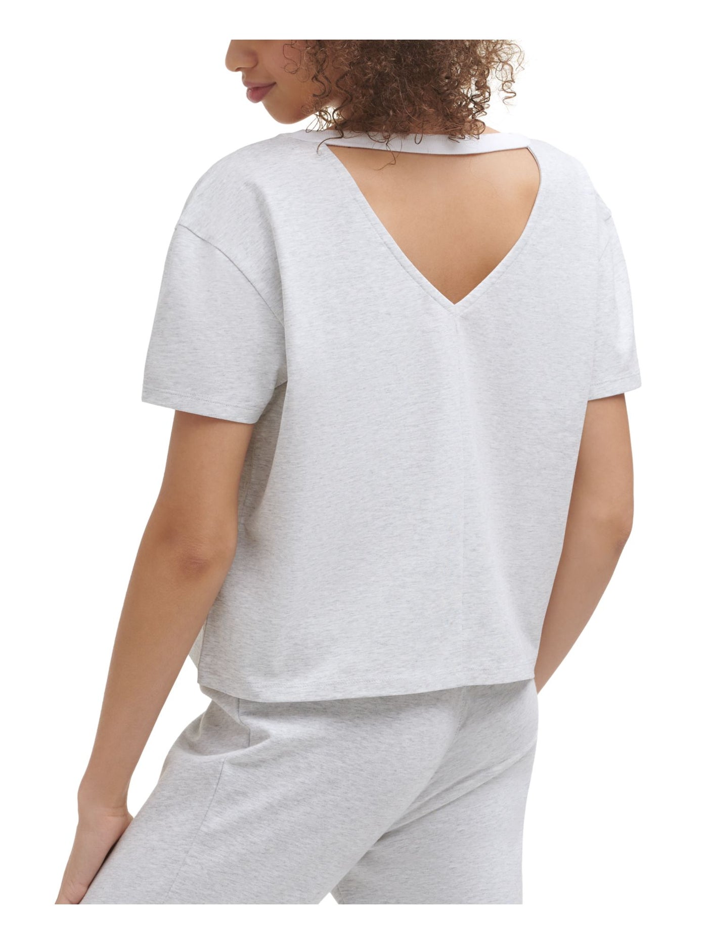 TOMMY HILFIGER Womens Gray Cut Out Short Length Ribbed Collar Breathable Logo Graphic Short Sleeve Scoop Neck T-Shirt XS