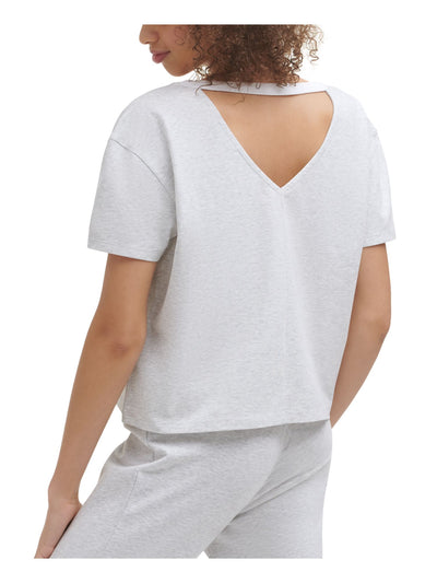 TOMMY HILFIGER Womens Gray Cut Out Short Length Ribbed Collar Breathable Logo Graphic Short Sleeve Scoop Neck T-Shirt XS