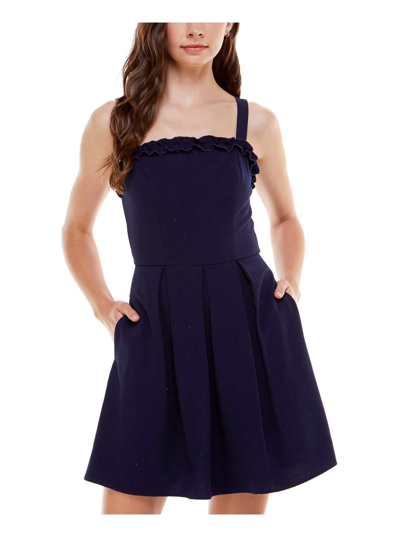 SPEECHLESS Womens Navy Stretch Zippered Pocketed Ruffled Pleated Sleeveless Square Neck Mini Party Fit + Flare Dress Juniors XXS