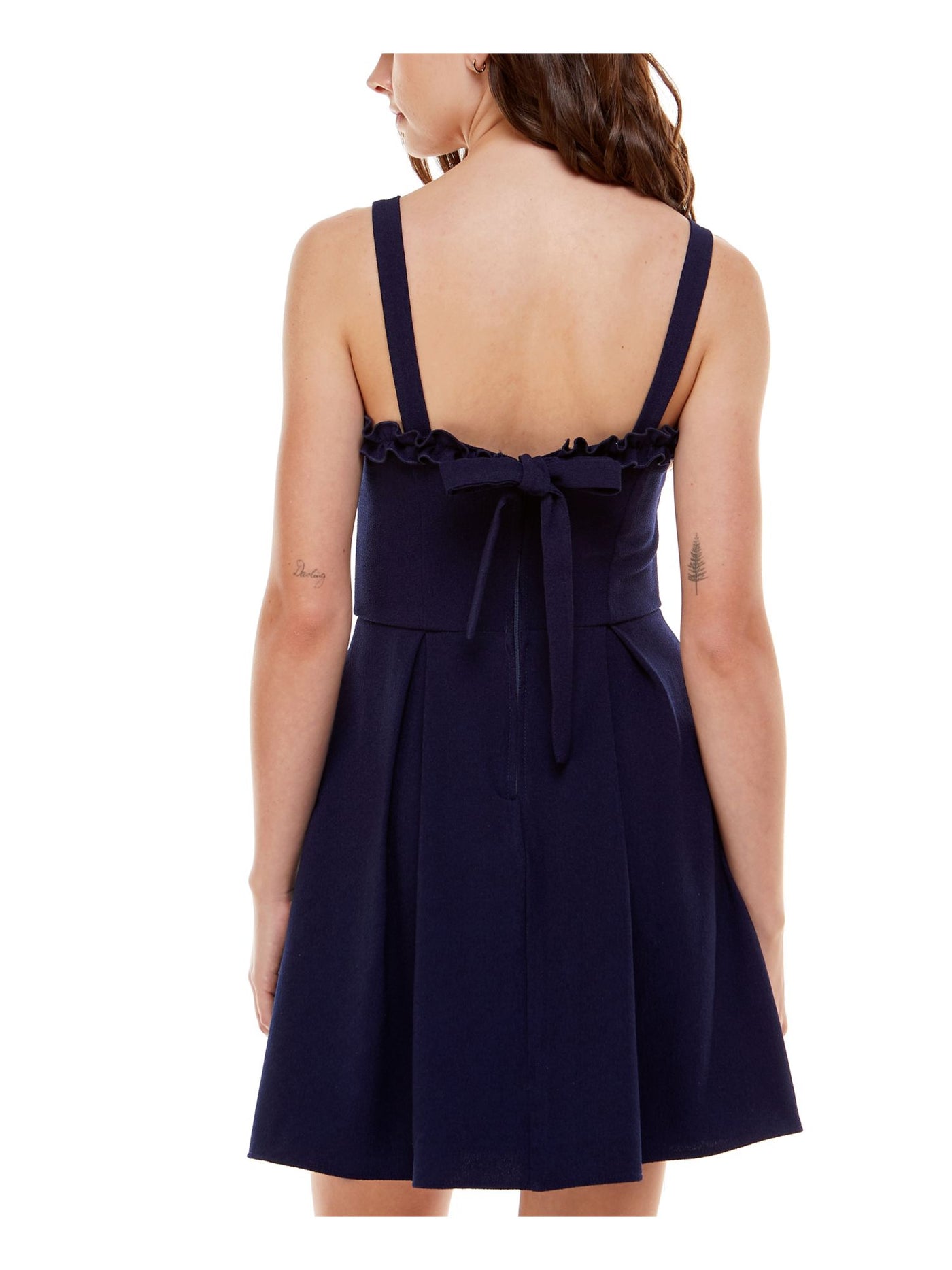 SPEECHLESS Womens Navy Stretch Zippered Pocketed Ruffled Pleated Sleeveless Square Neck Mini Party Fit + Flare Dress Juniors XXS