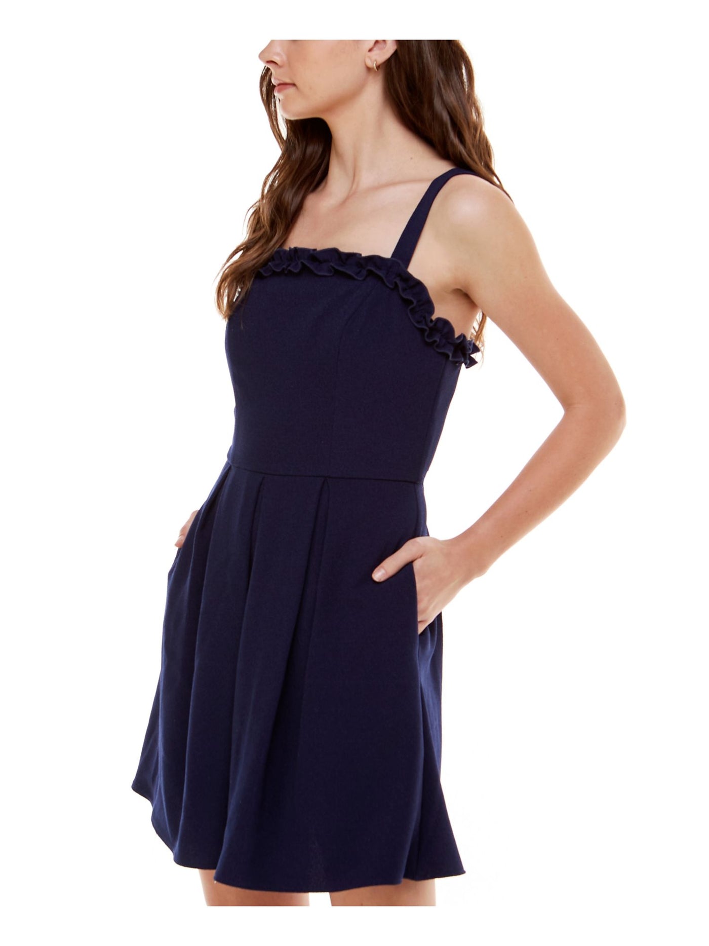 SPEECHLESS Womens Navy Stretch Zippered Pocketed Ruffled Pleated Sleeveless Square Neck Mini Party Fit + Flare Dress Juniors XS
