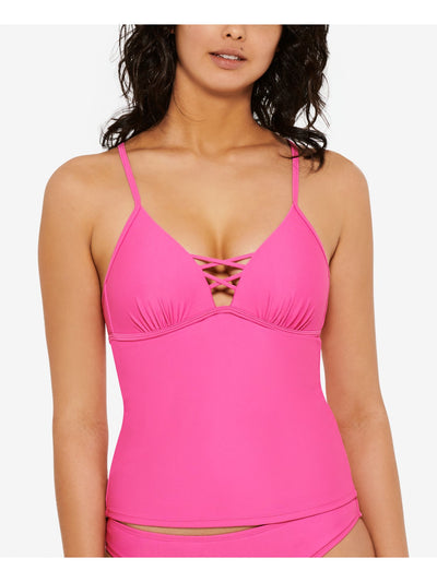 HULA HONEY Women's Pink Strappy Adjustable Stretch Deep V Neck Molded Cup Tankini Swimsuit Top S