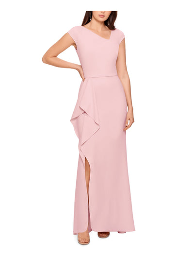 BETSY & ADAM Womens Pink Zippered Ruffled Slitted Cap Sleeve Asymmetrical Neckline Full-Length Formal Gown Dress Petites 8P