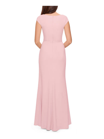 BETSY & ADAM Womens Pink Zippered Ruffled Slitted Cap Sleeve Asymmetrical Neckline Full-Length Formal Gown Dress Petites 8P