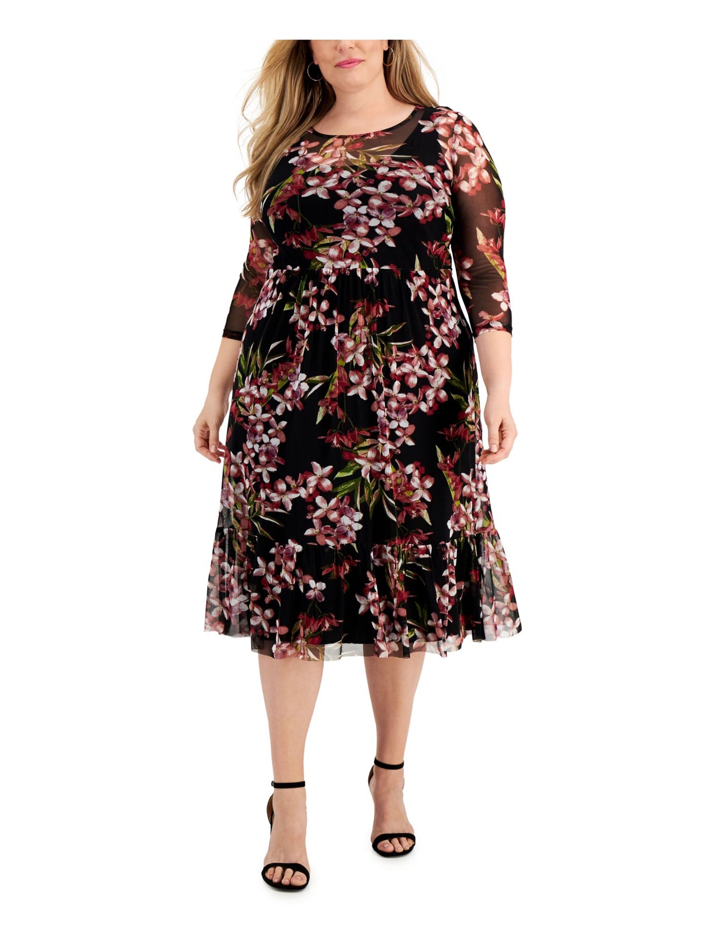 CONNECTED APPAREL Womens Red Sheer Ruched Flounce Lined Pullover Floral 3/4 Sleeve Round Neck Below The Knee Fit + Flare Dress Plus 24W
