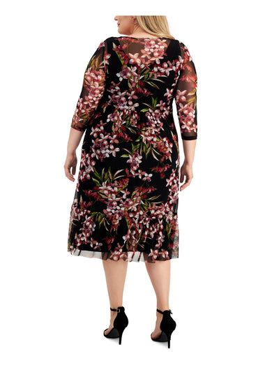CONNECTED APPAREL Womens Black Sheer Ruched Flounce Lined Pullover Floral 3/4 Sleeve Round Neck Below The Knee Fit + Flare Dress Plus 24W