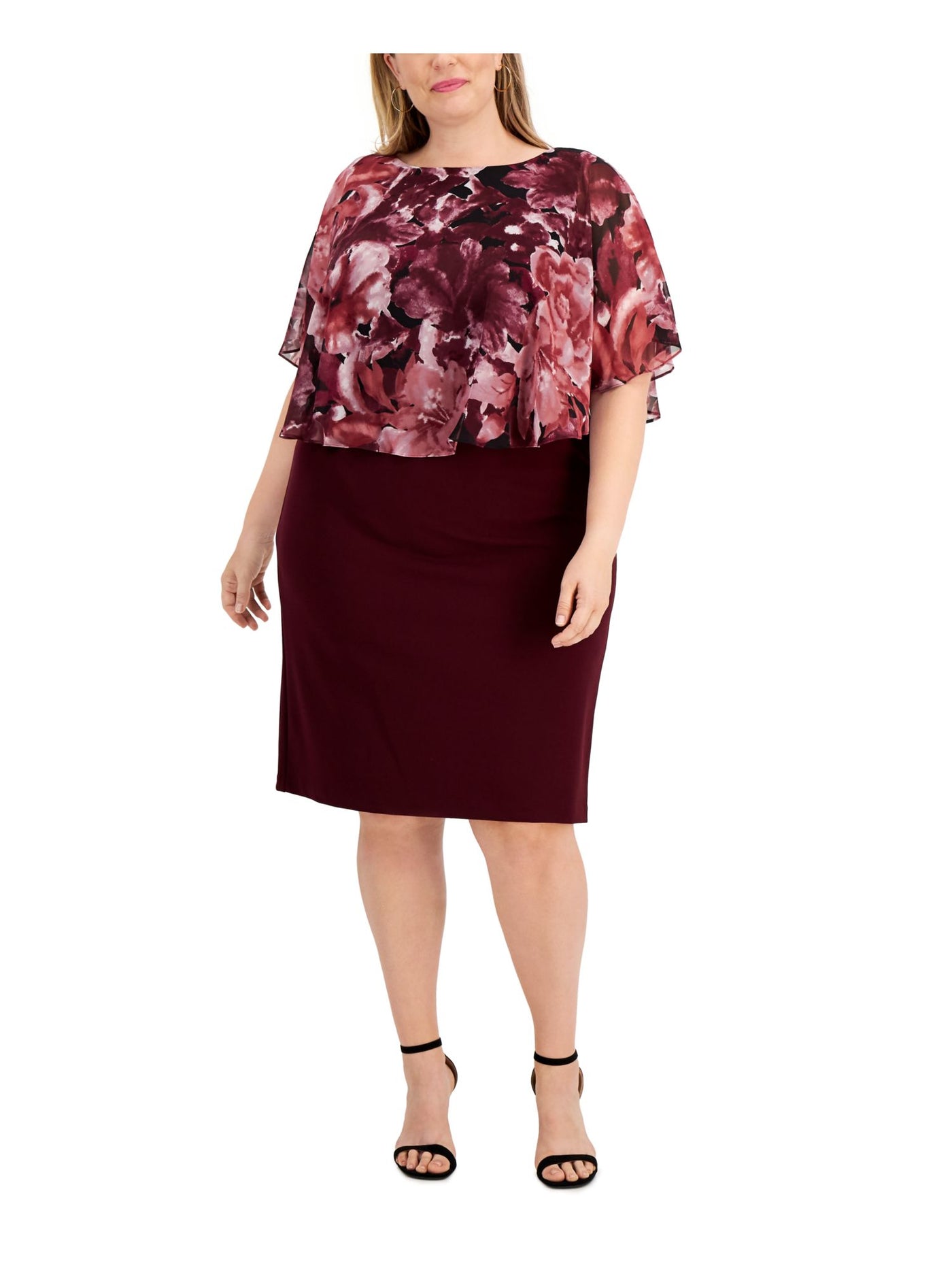 CONNECTED APPAREL Womens Burgundy Stretch Zippered Floral Chiffon Popover Sleeveless Round Neck Knee Length Wear To Work Shift Dress Plus 24W