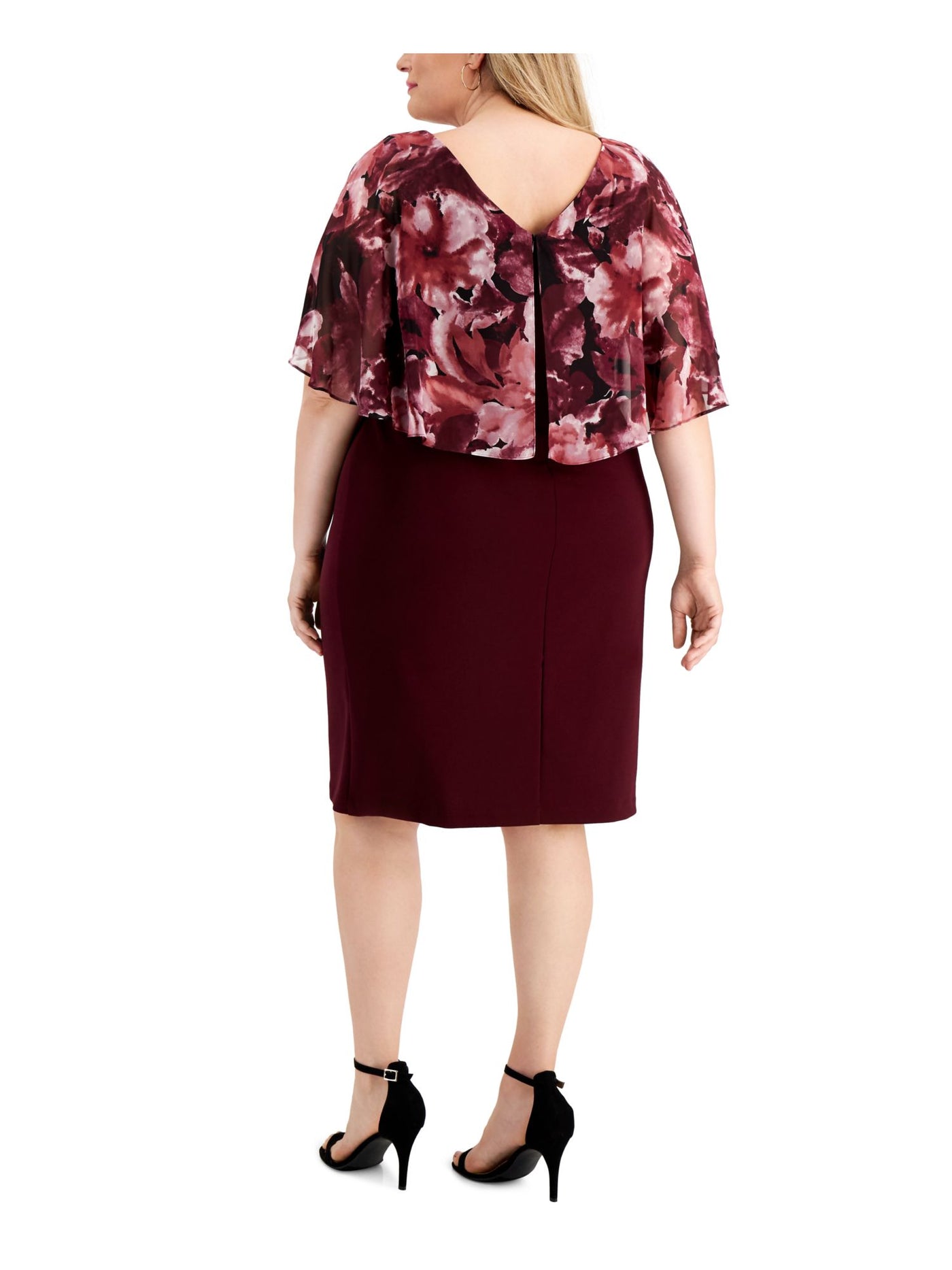 CONNECTED APPAREL Womens Burgundy Stretch Zippered Floral Chiffon Popover Sleeveless Round Neck Knee Length Wear To Work Shift Dress Plus 24W