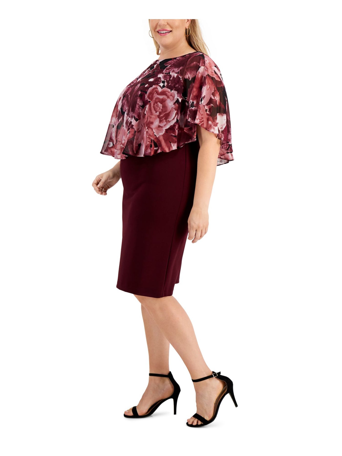 CONNECTED APPAREL Womens Burgundy Stretch Zippered Floral Chiffon Popover Sleeveless Round Neck Knee Length Wear To Work Shift Dress Plus 24W