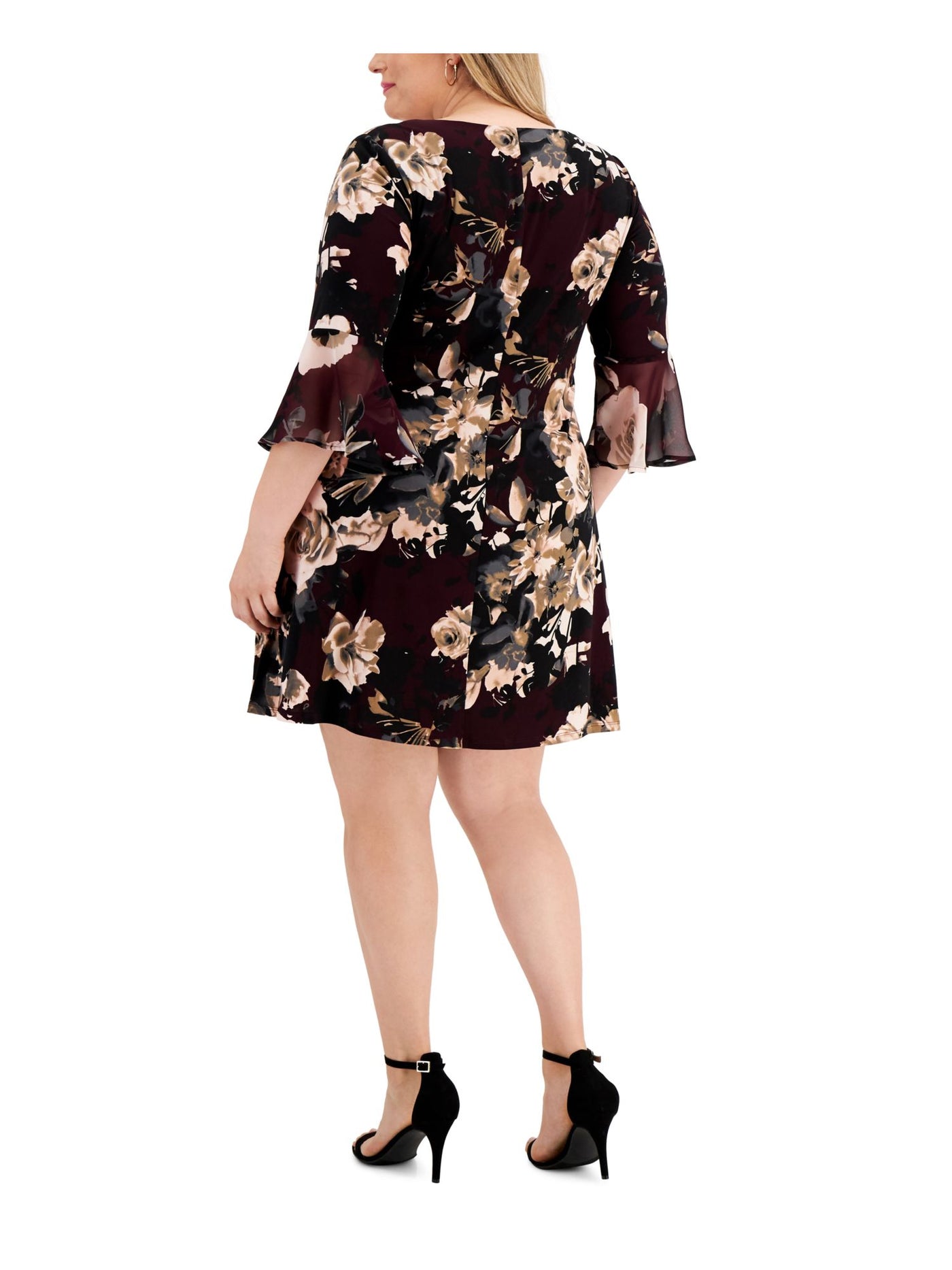 CONNECTED APPAREL Womens Burgundy Stretch Floral Bell Sleeve V Neck Above The Knee Cocktail Fit + Flare Dress Plus 18W
