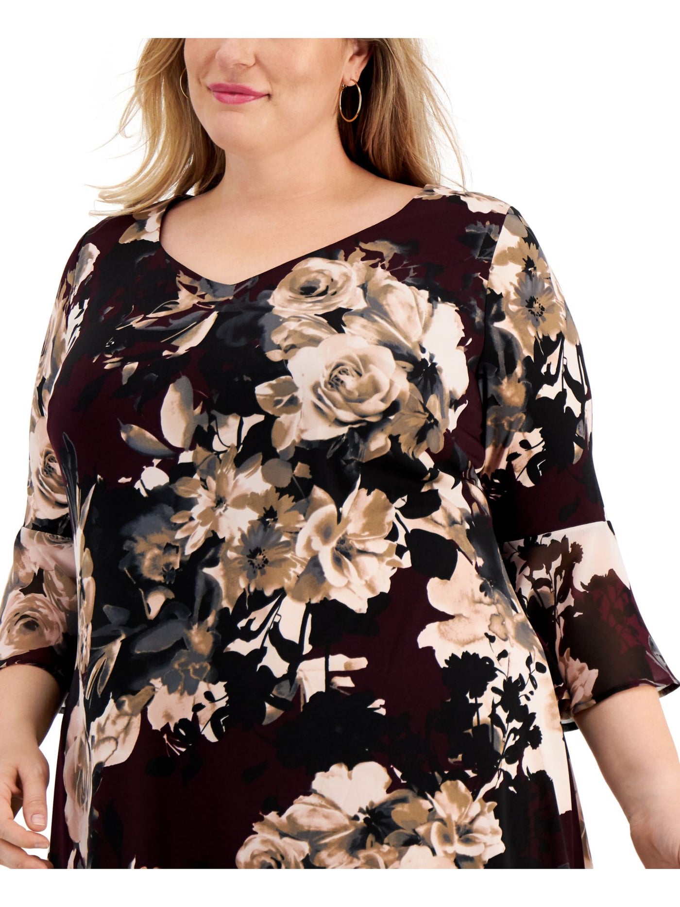 CONNECTED APPAREL Womens Burgundy Stretch Floral Bell Sleeve V Neck Above The Knee Cocktail Fit + Flare Dress Plus 18W