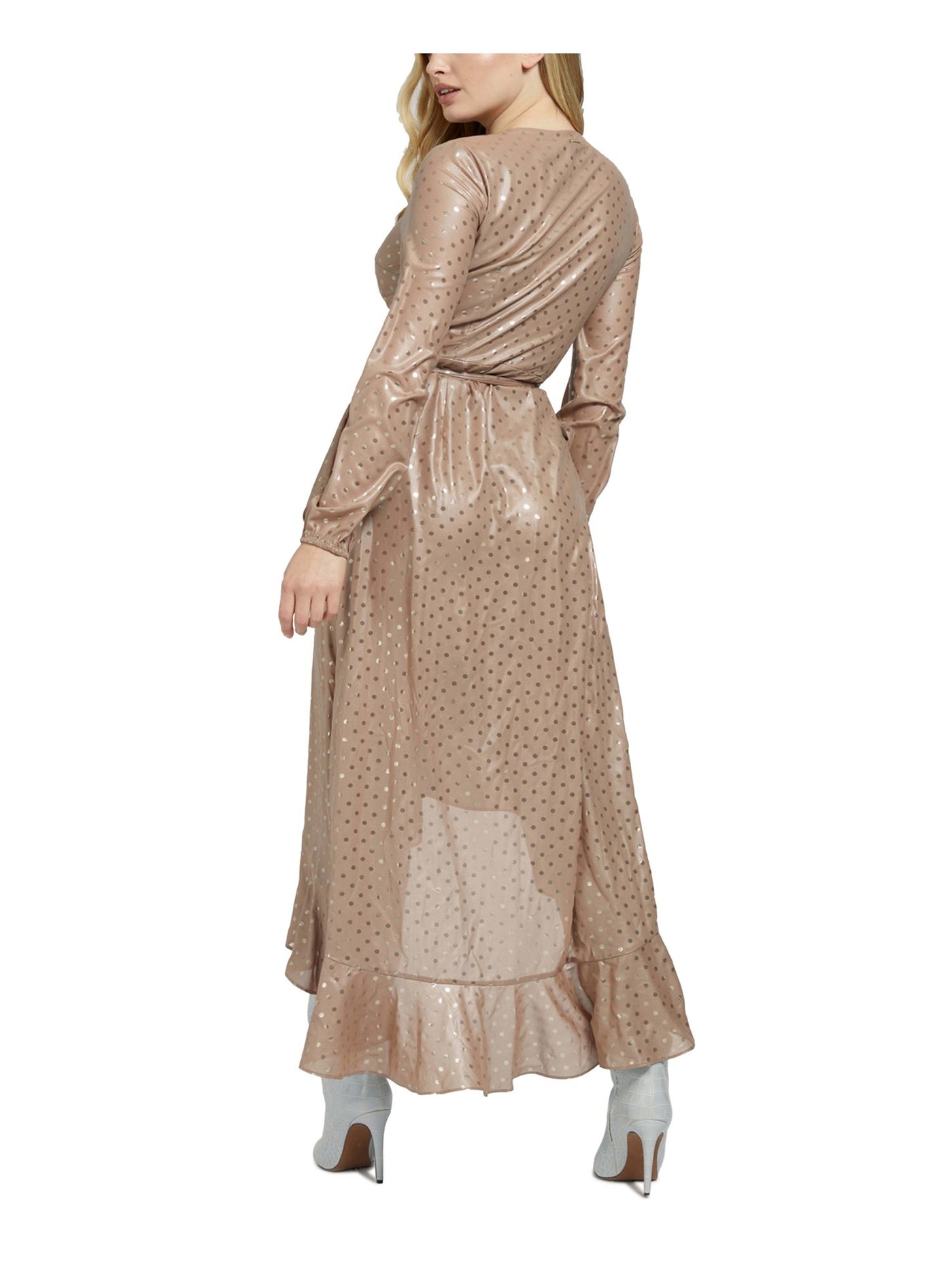 GUESS Womens Brown Tie Ruffled Metallic Lined Polka Dot Long Sleeve Surplice Neckline Midi Evening Wrap Dress XS