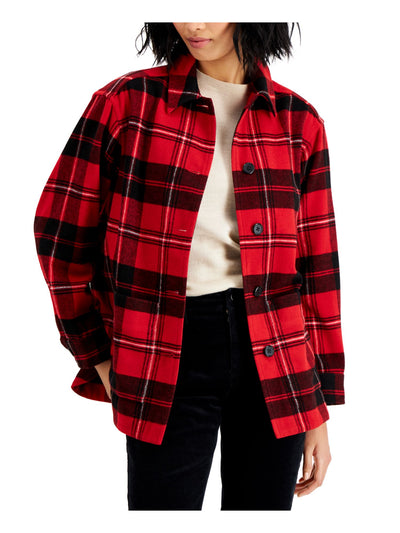 CHARTER CLUB Womens Red Pocketed Unlined Plaid Button Down Jacket S
