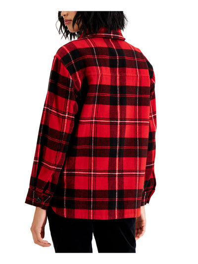 CHARTER CLUB Womens Red Pocketed Unlined Plaid Button Down Jacket S
