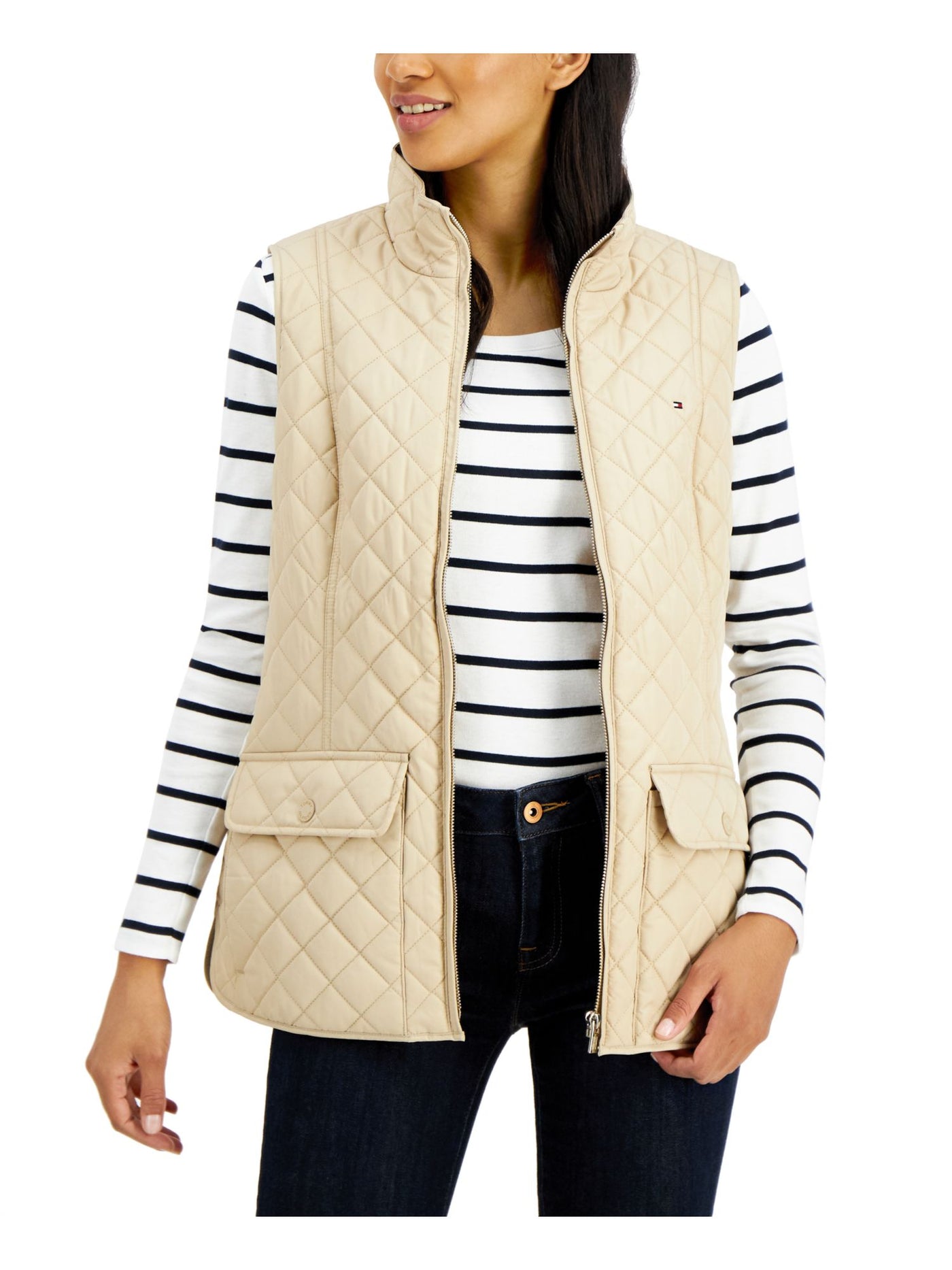 TOMMY HILFIGER Womens Beige Zippered Pocketed Stand Collar Quilted Lined Vest Jacket XS