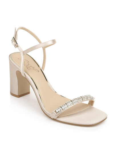 JEWEL BADGLEY MISCHKA Womens Beige Rhinestone Ankle Strap Charlee Round Toe Block Heel Buckle Dress Heeled Sandal 7.5 M