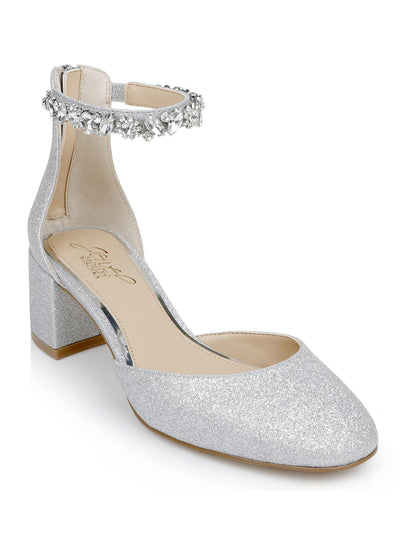 JEWEL BADGLEY MISCHKA Womens Silver Glitter Embellished Padded Goring Ankle Strap Cathleen Round Toe Block Heel Zip-Up Dress Pumps Shoes 5.5