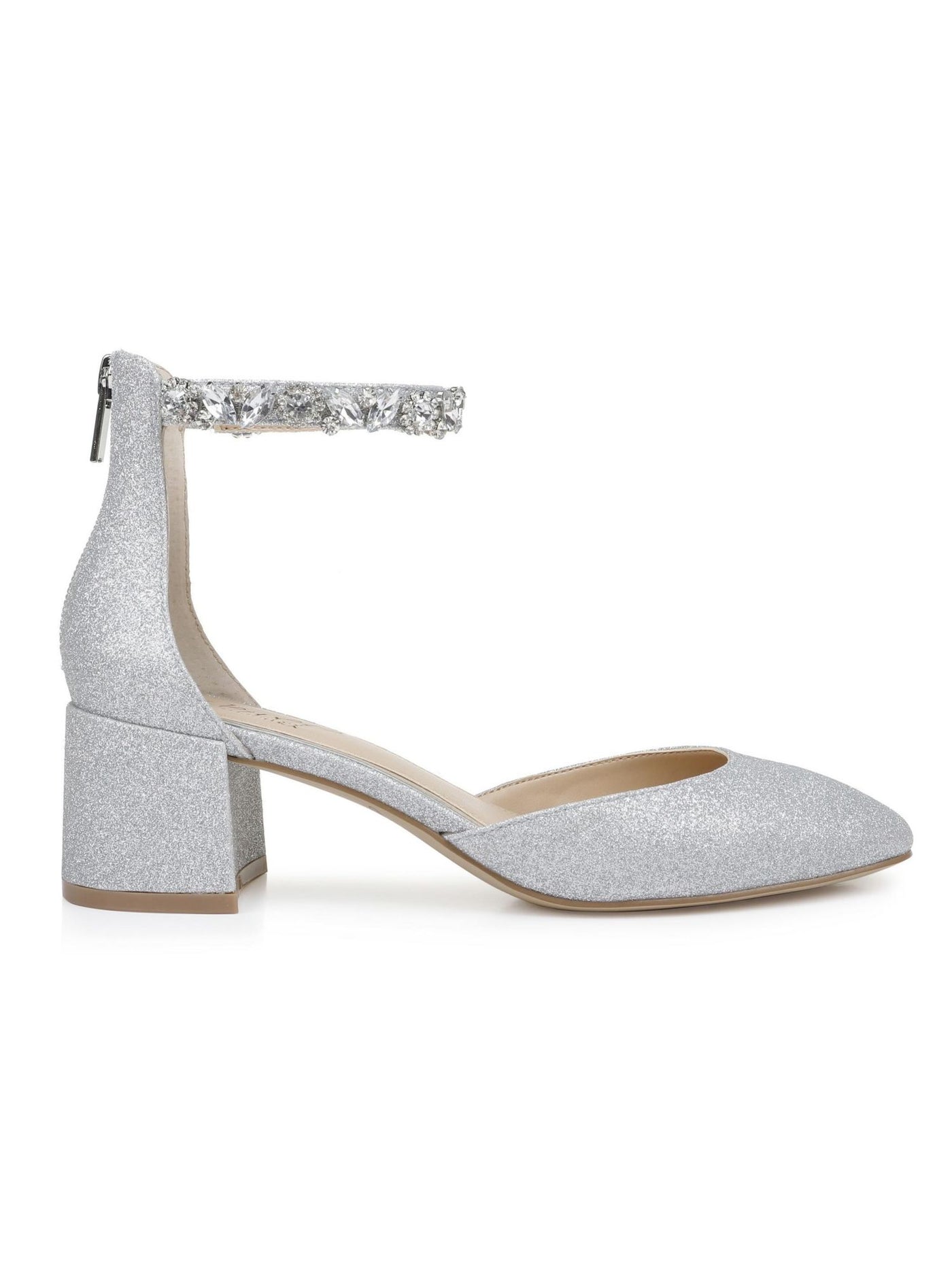 JEWEL BADGLEY MISCHKA Womens Silver Glitter Embellished Padded Goring Ankle Strap Cathleen Round Toe Block Heel Zip-Up Dress Pumps Shoes 5.5