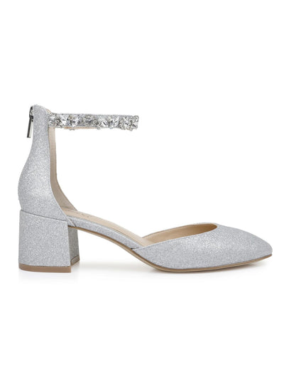 JEWEL BADGLEY MISCHKA Womens Silver Glitter Embellished Padded Goring Ankle Strap Cathleen Round Toe Block Heel Zip-Up Dress Pumps Shoes 5.5