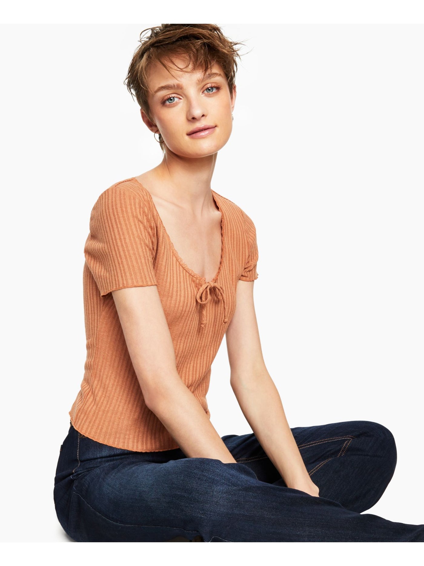 SELF E Womens Beige Ribbed Textured Tie Neck Short Sleeve Keyhole T-Shirt Juniors S