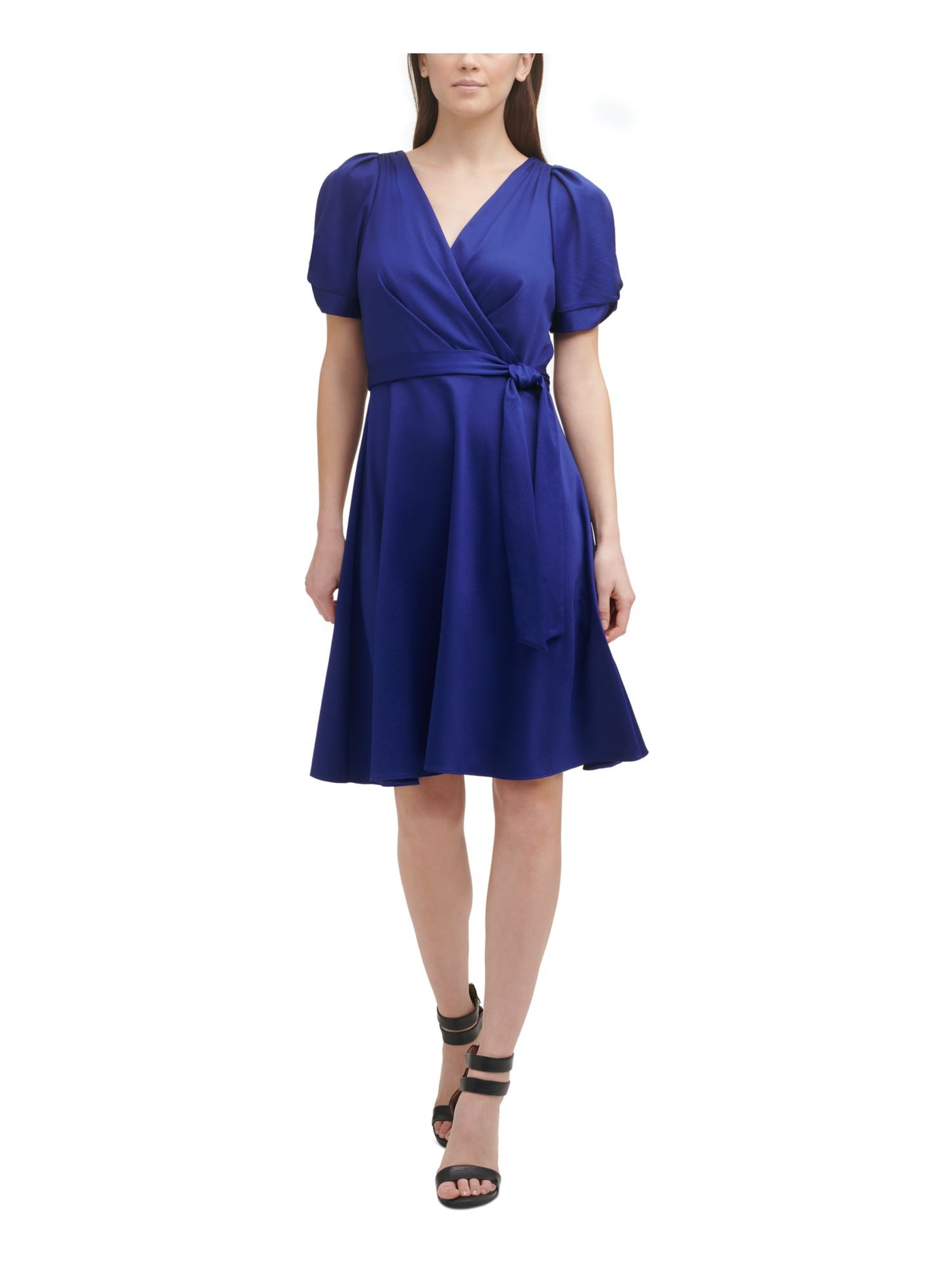 DKNY Womens Blue Pleated Zippered Belted Unlined Short Pouf Knot-s Surplice Neckline Above The Knee Evening Fit + Flare Dress 2