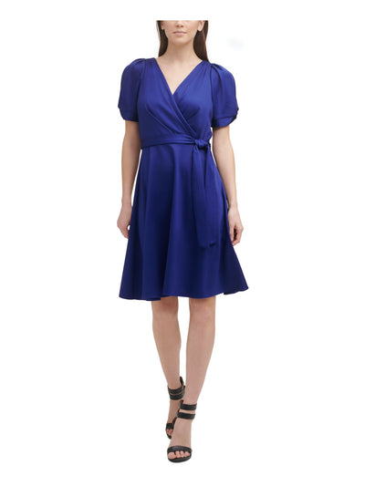 DKNY Womens Blue Pleated Zippered Belted Unlined Short Pouf Knot-s Surplice Neckline Above The Knee Evening Fit + Flare Dress 16