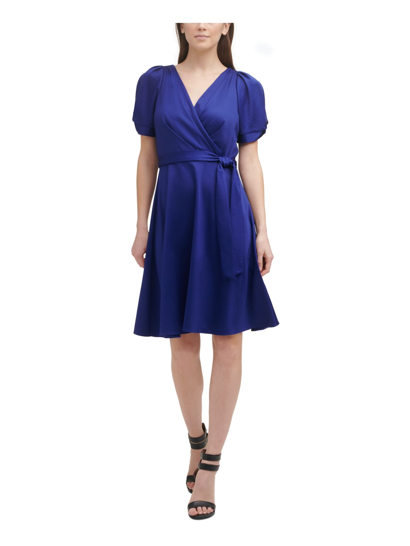 DKNY Womens Blue Pleated Zippered Belted Unlined Short Pouf Knot-s Surplice Neckline Above The Knee Evening Fit + Flare Dress 12