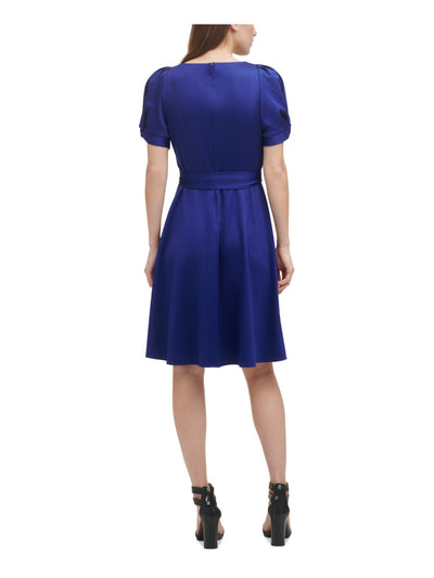 DKNY Womens Blue Pleated Zippered Belted Unlined Short Pouf Knot-s Surplice Neckline Above The Knee Evening Fit + Flare Dress 16