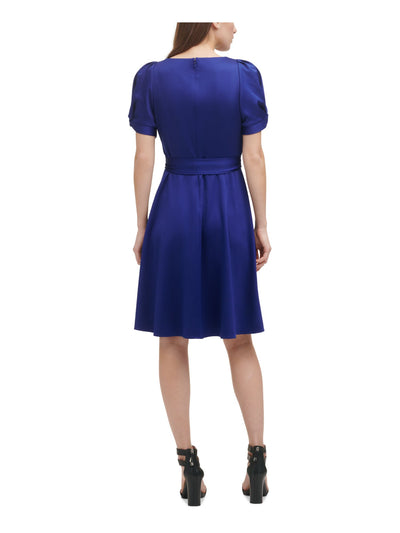 DKNY Womens Blue Pleated Zippered Belted Unlined Short Pouf Knot-s Surplice Neckline Above The Knee Evening Fit + Flare Dress 14